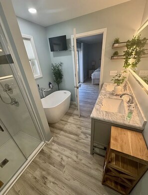 Hair dryer, towels, soap, toilet paper