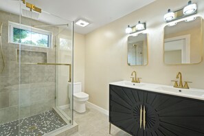 Hair dryer, towels, soap, toilet paper