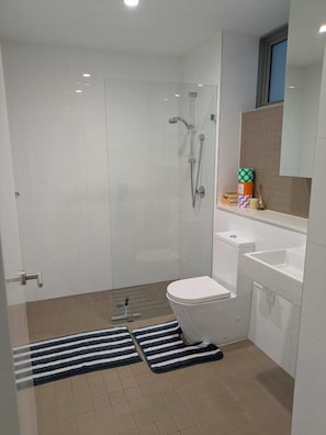 Hair dryer, towels, soap, toilet paper