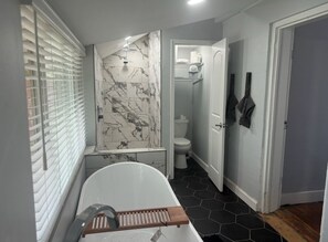 A bathroom with a freestanding bathtub, a shower, and a toilet. - Historic Alton duplex! Upper unit (Alton)