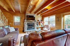 TV, fireplace, table football, books
