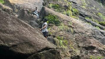 A rocky outdoor area with large boulders and sparse vegetation.