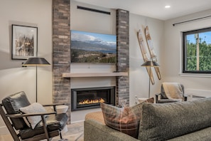 Smart TV, fireplace, books