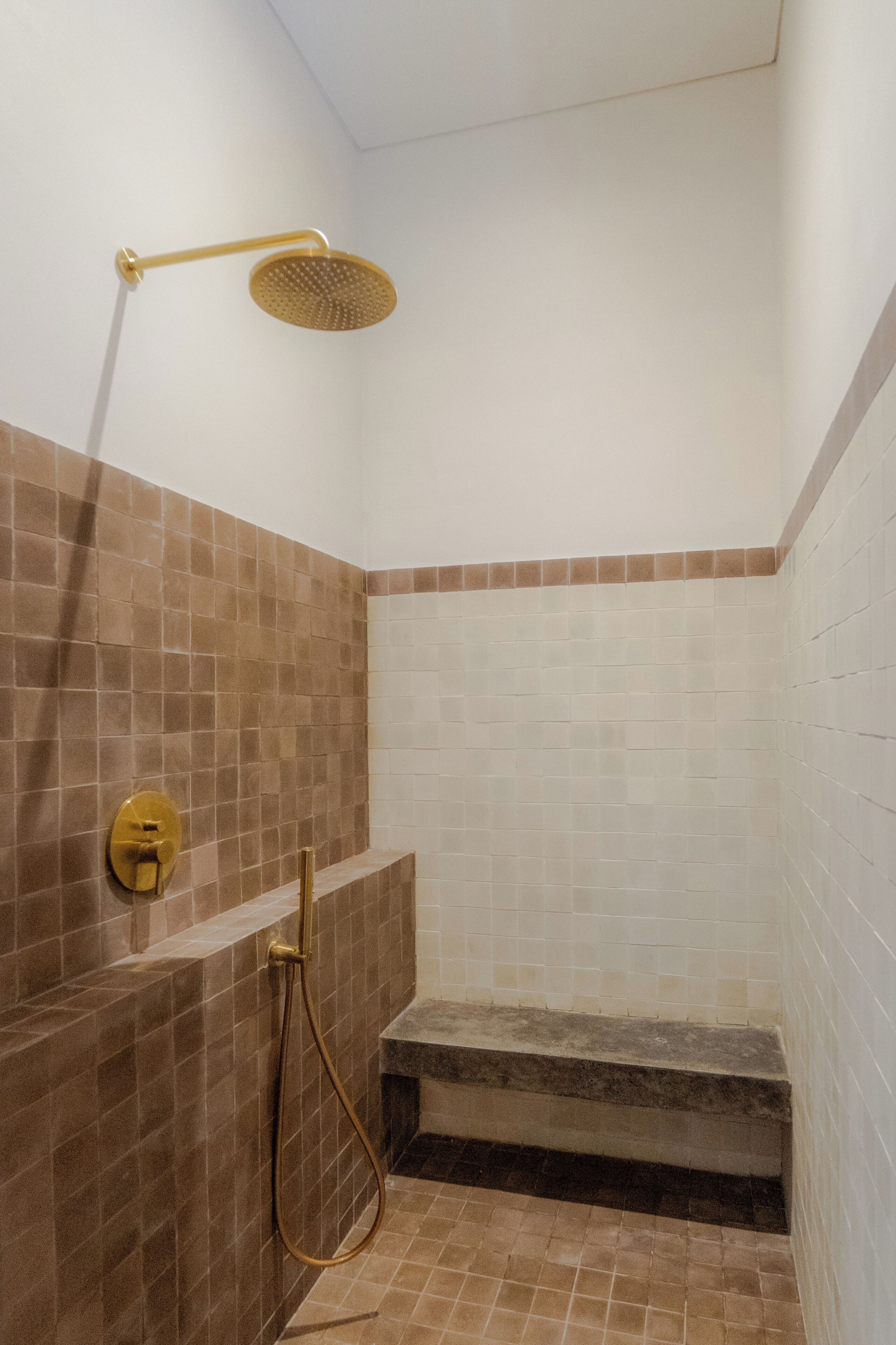 A shower area with a gold showerhead and a handheld showerhead, tiled walls, and a small step leading to a shower platform.
