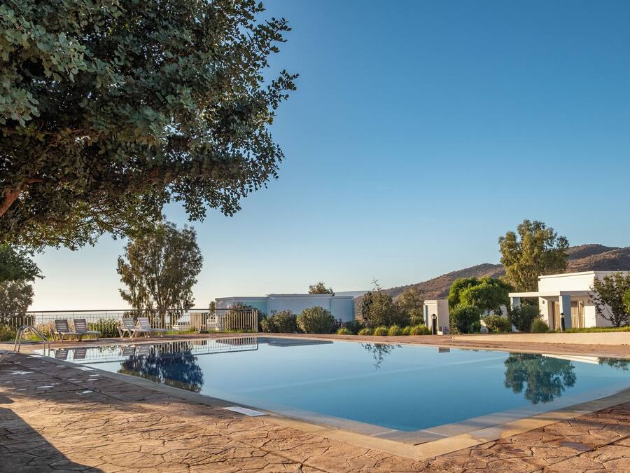 A swimming pool with lounge chairs, surrounded by trees and buildings.