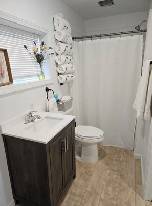 Shower, hair dryer, towels, soap