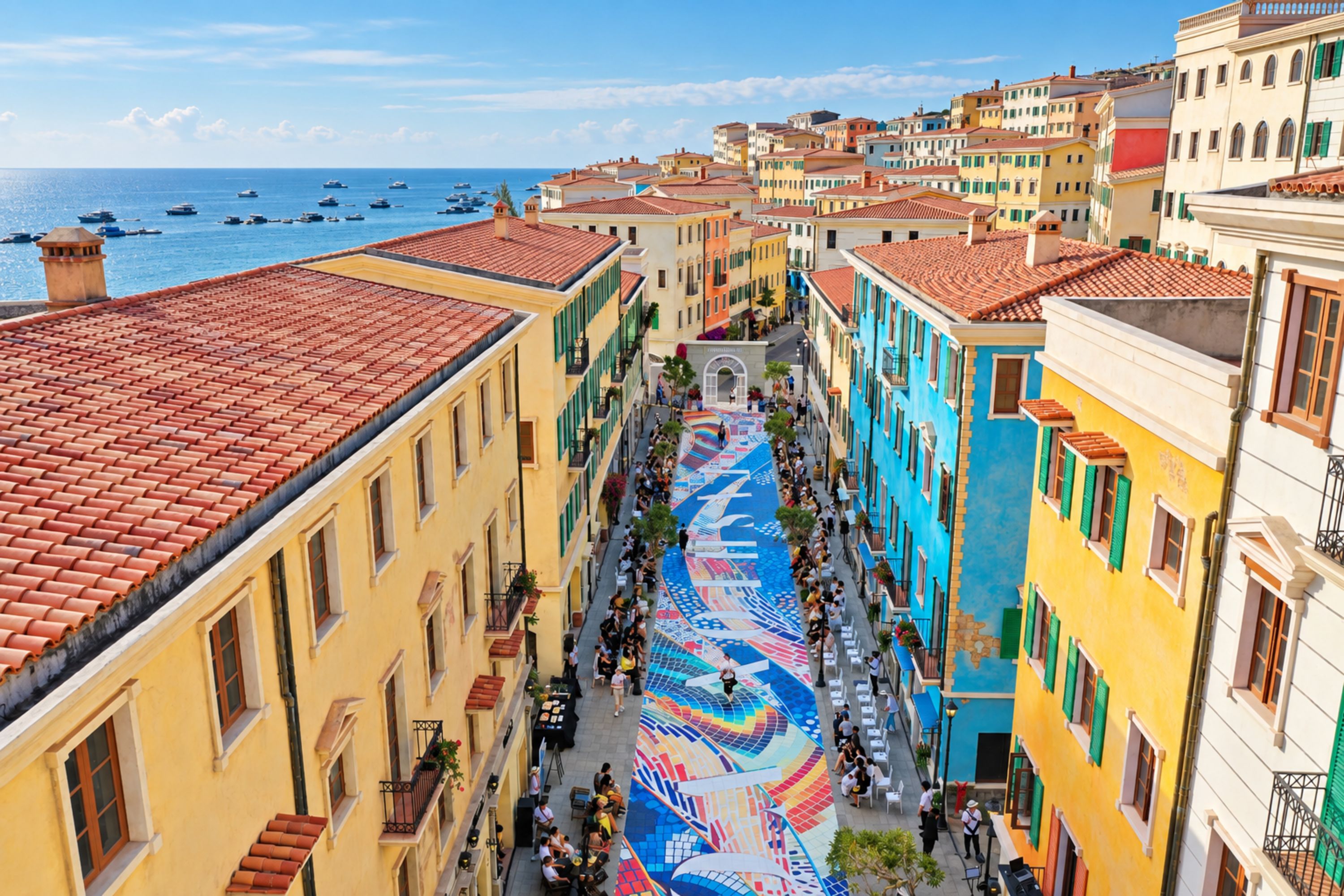 A narrow street lined with colorful buildings, a vibrant street art mural, and boats on the water in the background.