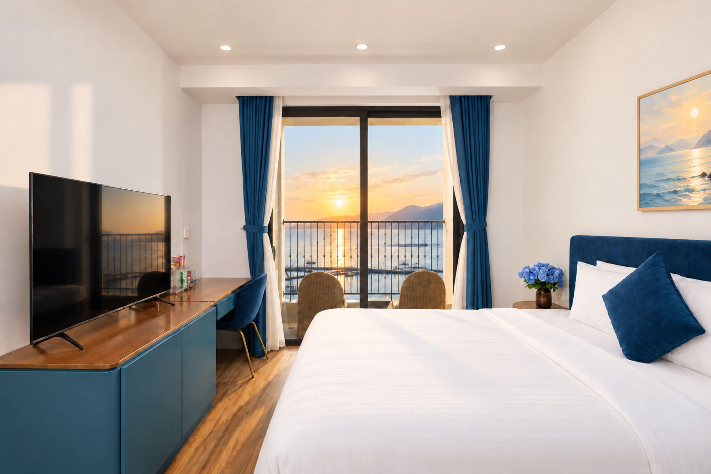 A hotel room with a bed, a desk with a flat-screen TV, a chair, a small table with a vase of flowers, and a view of the sunset through a balcony door.