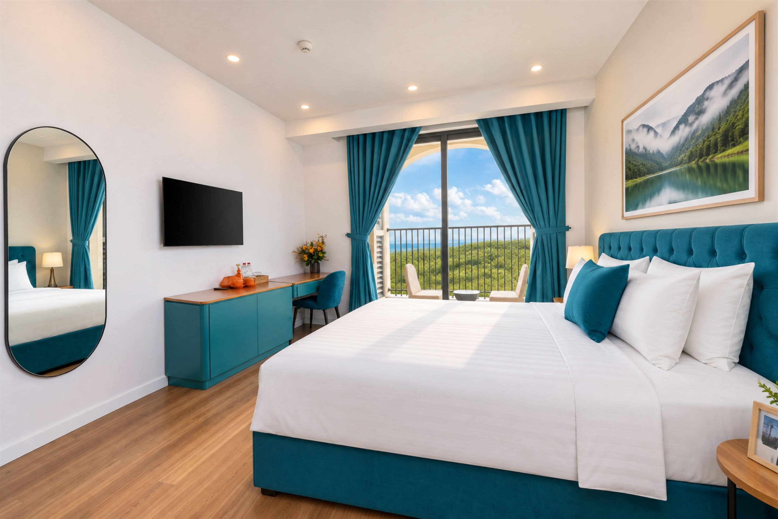 Una camera da letto moderna con un letto grande, una scrivania, una sedia, una TV e un balcone con vista panoramica.