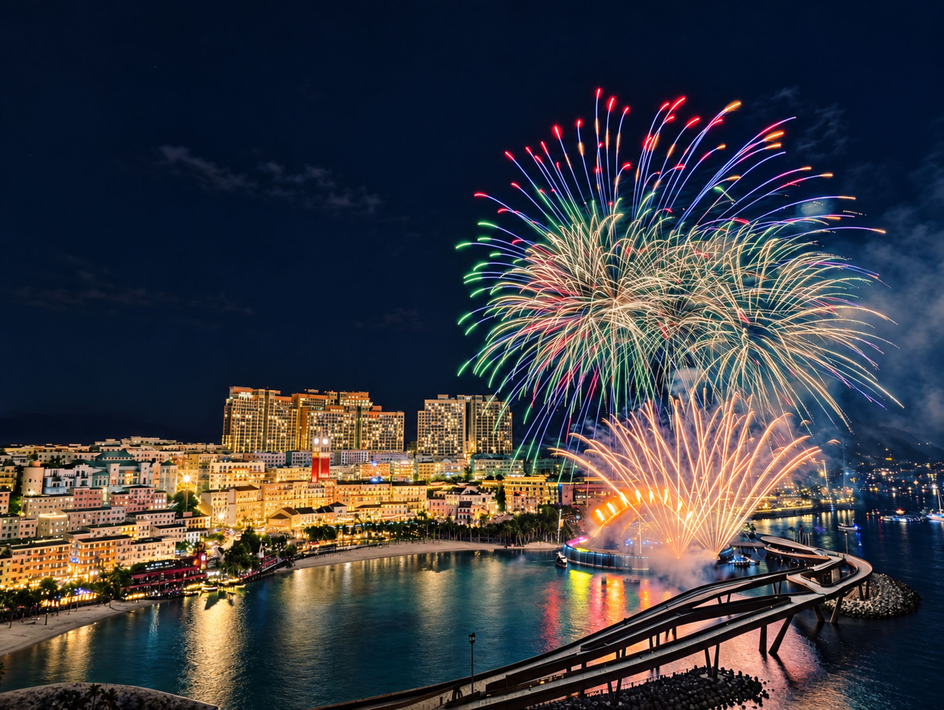Une vue sur la ville, avec ses bâtiments le long du littoral, un pont et un feu d’artifice.