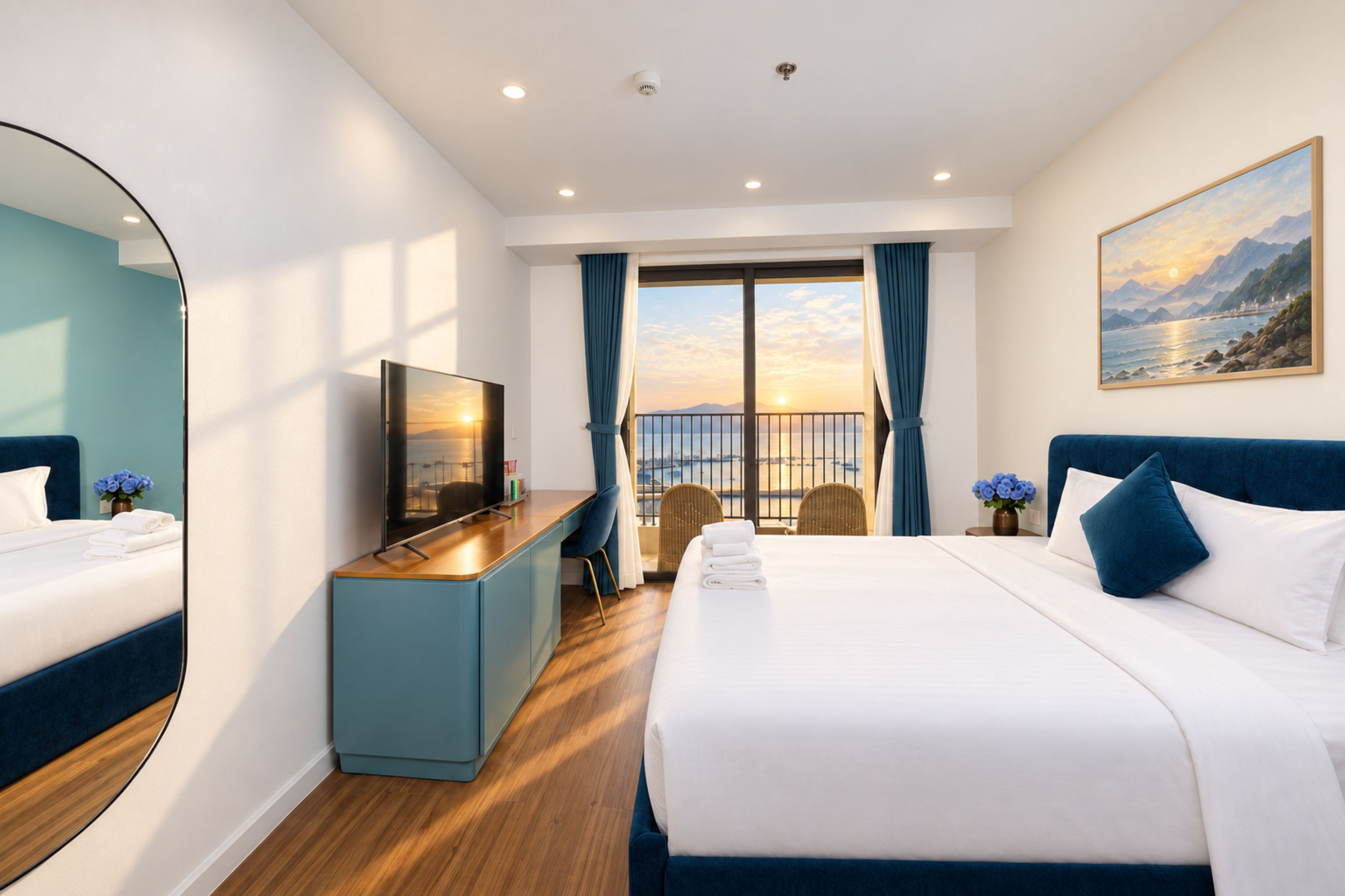 Habitación de hotel con una cama grande, un escritorio, un televisor de pantalla plana, un balcón con vista al mar y un cuadro en la pared.