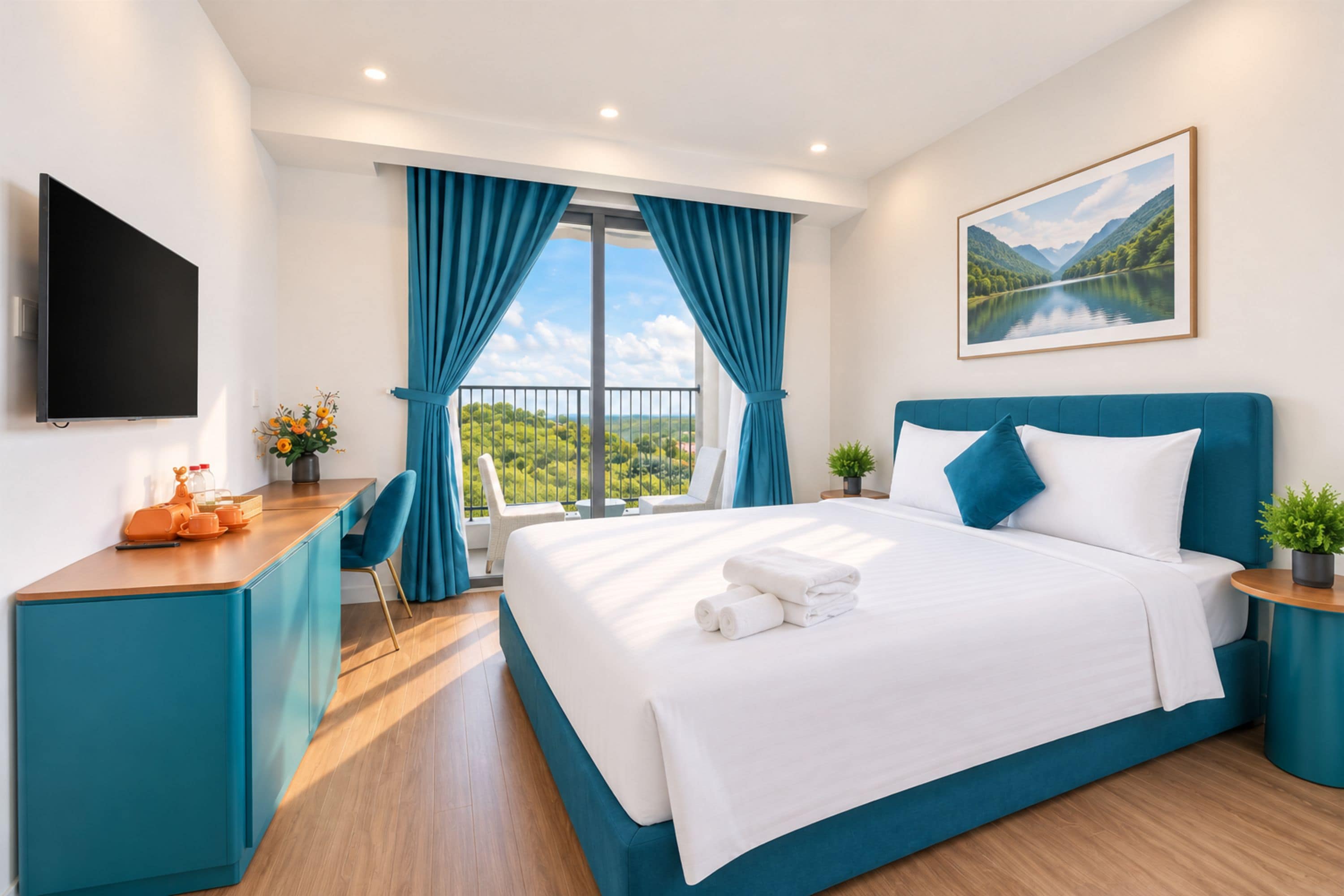 A hotel room with a large bed, a desk, a TV, and a balcony with curtains.