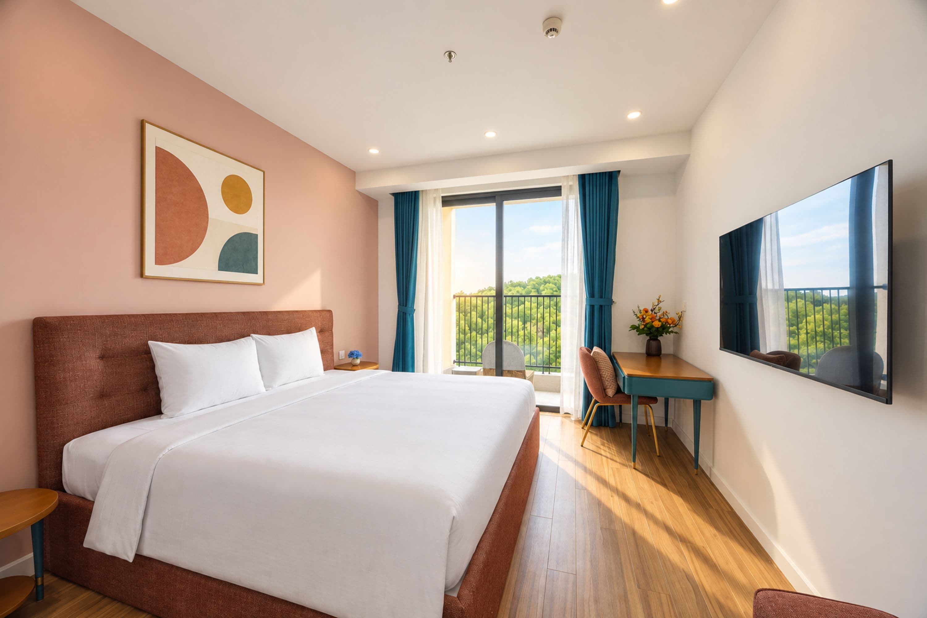 Une chambre d’hôtel avec un grand lit, un bureau, une chaise et un téléviseur.