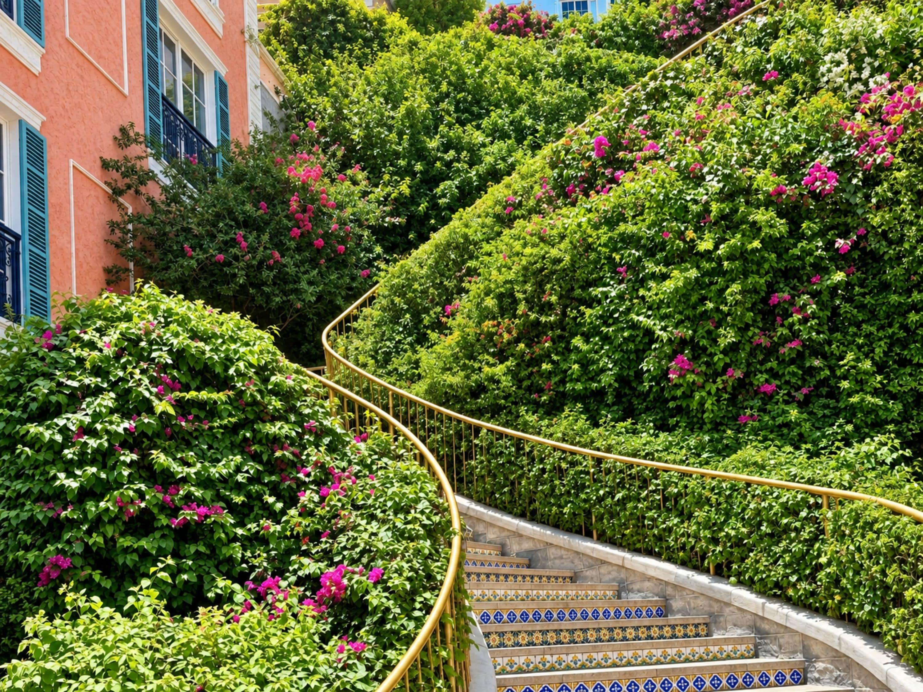 A curved staircase with patterned tiles, surrounded by lush greenery and pink flowers, leading up to a building with blue shutters.