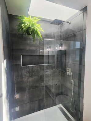 Douche, sèche-cheveux, serviettes fournies, savon