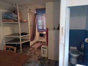 Shower, hair dryer, soap, toilet paper