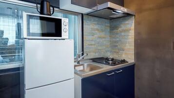 Fridge, microwave, stovetop, cookware/dishes/utensils