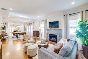 TV, fireplace, books