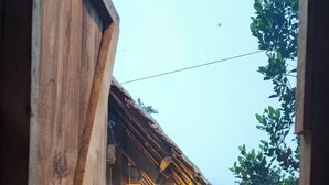 A wooden structure with a thatched roof, a wooden bench, and a table with a potted plant. - To Chim Ri Homestay Mang Đen (Mang Den)