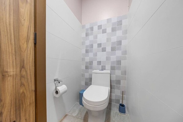 A bathroom with a toilet, a toilet paper holder, and a blue cleaning brush.