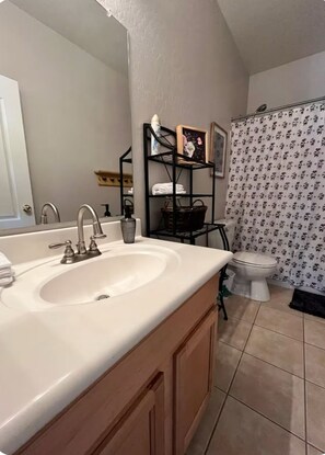 Shower, hair dryer, bidet, towels