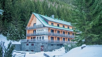 A multi-story lodge with a green roof, surrounded by snow-covered trees and a stone wall.