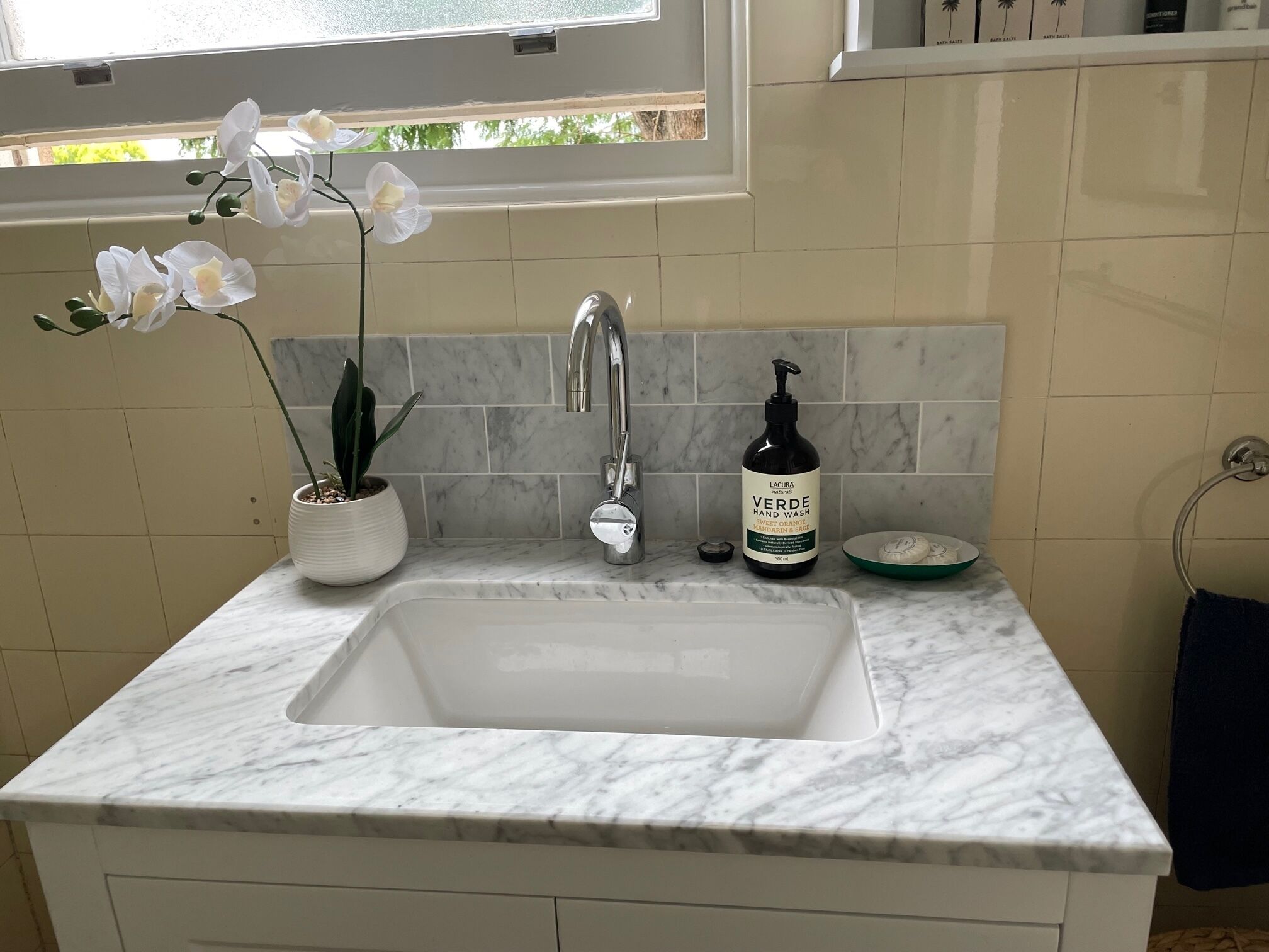 A bathroom with a white sink, a potted orchid, a bottle of hand wash soap, and a towel rack.