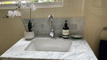A bathroom with a white sink, a potted orchid, a bottle of hand wash soap, and a towel rack.