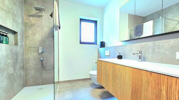 Hair dryer, towels, soap, shampoo