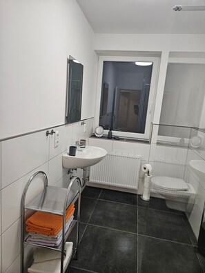 Douche, séchoir à cheveux, serviettes fournies