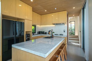 Fridge, oven, stovetop, cookware/dishes/utensils
