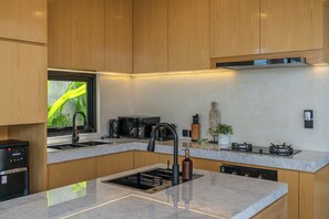 Fridge, oven, stovetop, coffee/tea maker