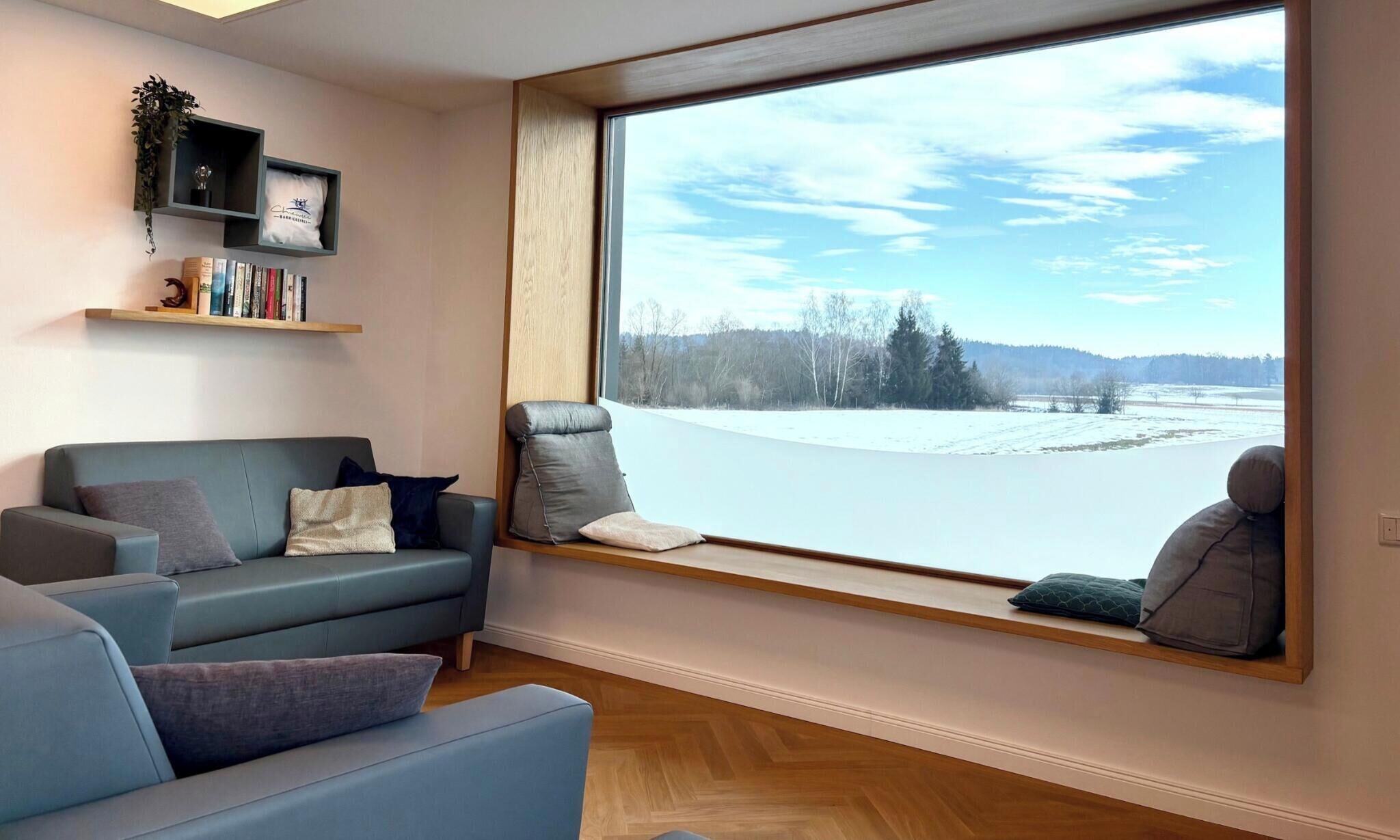 A cozy living room with a large window, a blue sofa, and a bookshelf with books and decorative items.