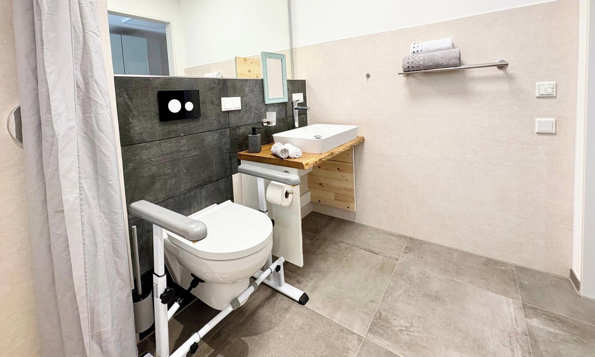 A modern bathroom with a toilet, a sink, and a shower area.