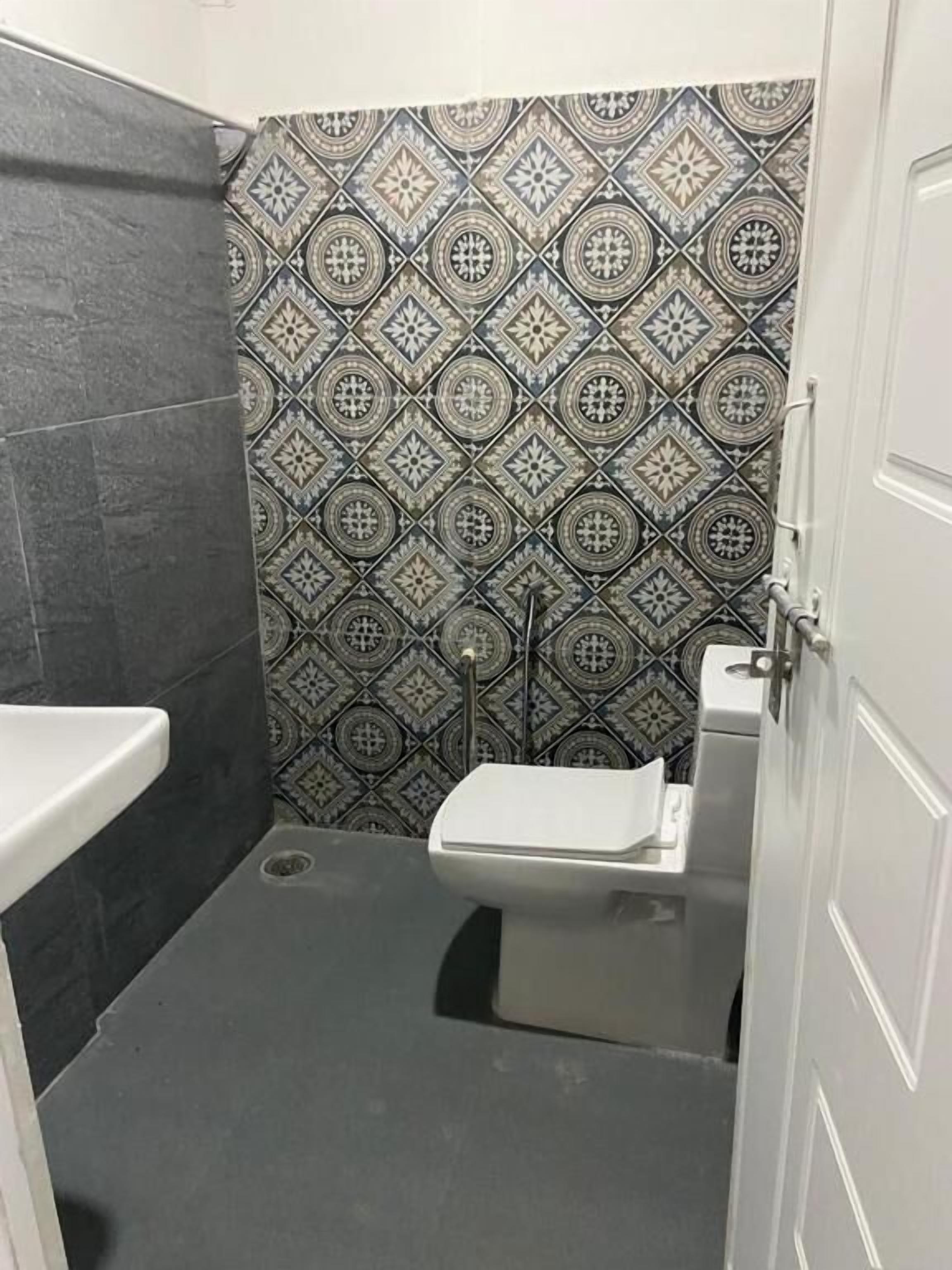 A small, narrow bathroom with a toilet, a shower, and a sink. The walls are tiled with a geometric pattern.
