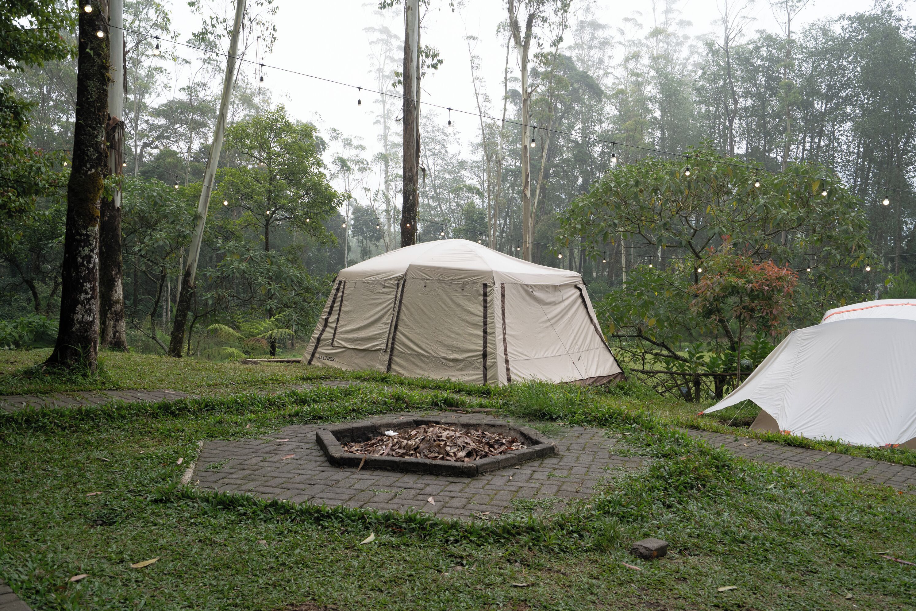 A tent set up in a forested area with a fire pit in front.