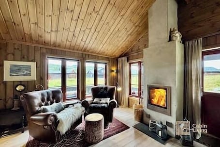 TV, fireplace, books. Modern cabin sauna, BBQ & beautiful view Filefjell