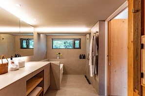 Shower, hair dryer, bidet, towels