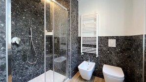 Et moderne badeværelse med en brusekabine i glas, et bidet og et toilet.