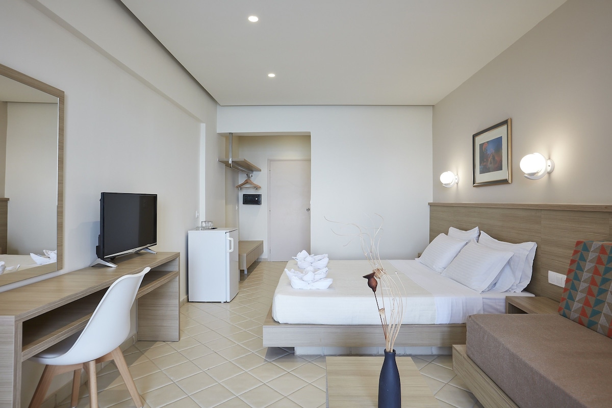 A hotel room with a bed, a desk with a chair, a television, a small refrigerator, and a vase with decorative branches.