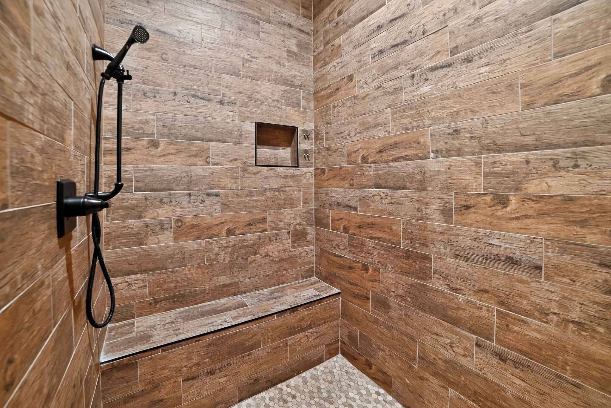 Shower, hair dryer, towels, shampoo