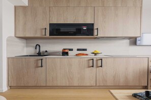 Fridge, microwave, stovetop, toaster