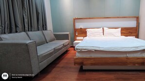 Une chambre à coucher moderne avec un lit, un canapé gris et une table de chevet.