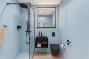 Ducha, secador de pelo, toallas y jabón