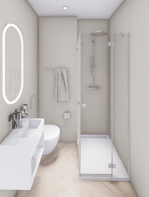 Douche, sĂšche-cheveux, serviettes fournies, savon