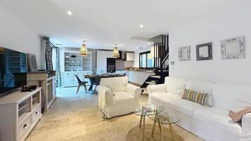 TV connectée, cheminée, livres