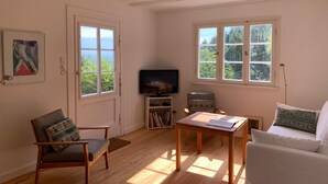 A room with a television, a sofa, a chair, a small table, and two windows with views of greenery.