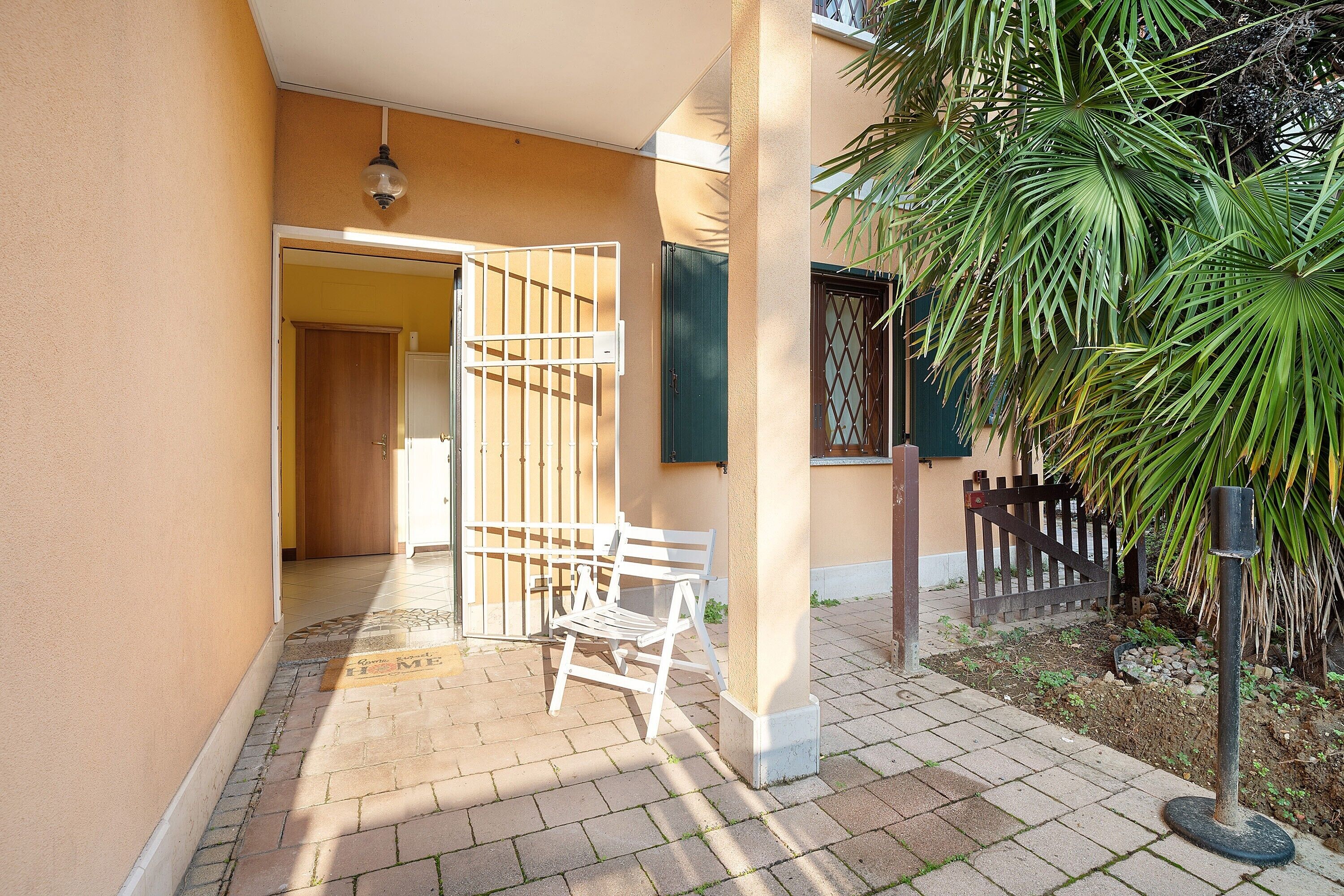 A paved patio with a white bench, a gate, and a palm tree.