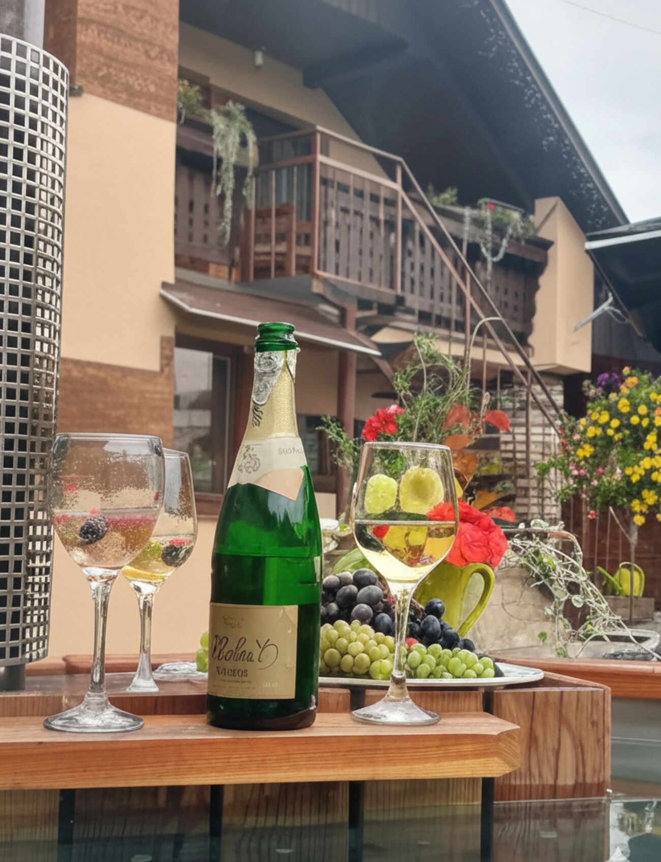 A bottle of wine, two glasses, and a fruit platter on a wooden table outdoors.