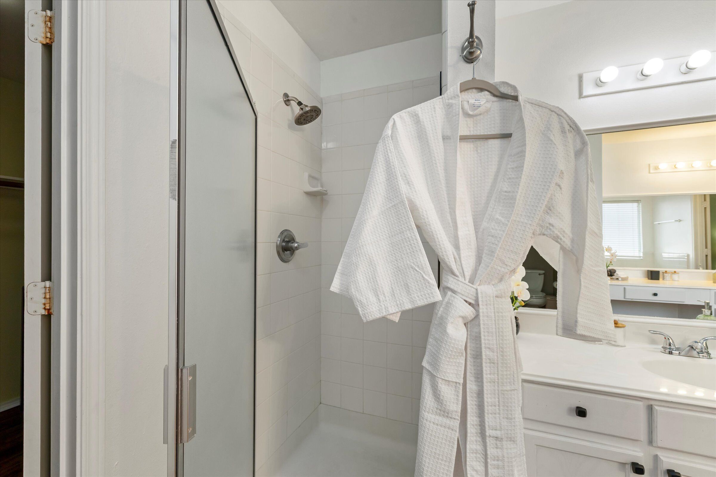 Hair dryer, towels, soap, shampoo